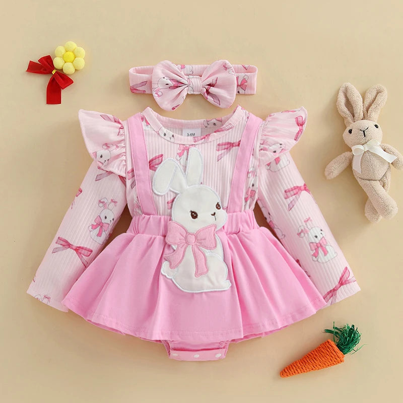 Adorable Baby Girls Easter Outfit Set with Bunny Embroidery Romper Dress Skirt Bodysuit Jumpsuit and Headband