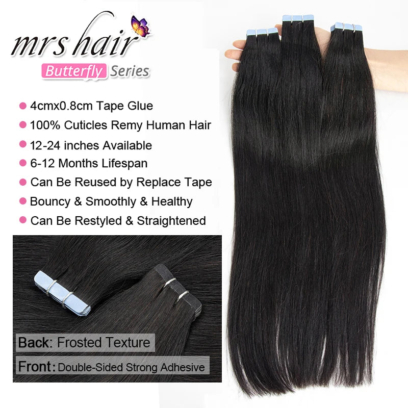 MRS HAIR Silky Straight Tape in Human Hair Extensions Remy Skin Weft Tape Hair Extension 12-24 inch 20pcs/pack 1B Natural Black