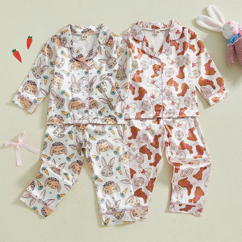 Toddler Girl Easter Satin Pajama Set with Bunny and Carrot Print Long Sleeve Button-up Tops and Pants Sleepwear Outfit 2 Piece