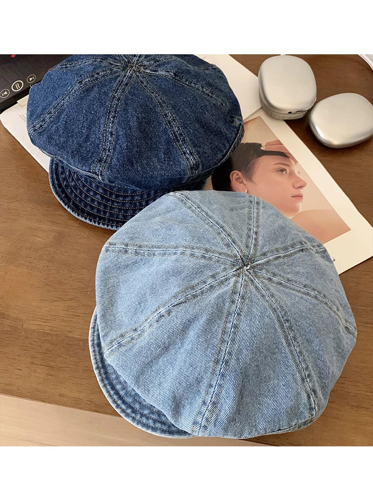 Japanese Retro Denim Cloud Berets Cap for Women Spring and Summer Casual Versatile Simple Literary Style Octagonal Newsboy Hat