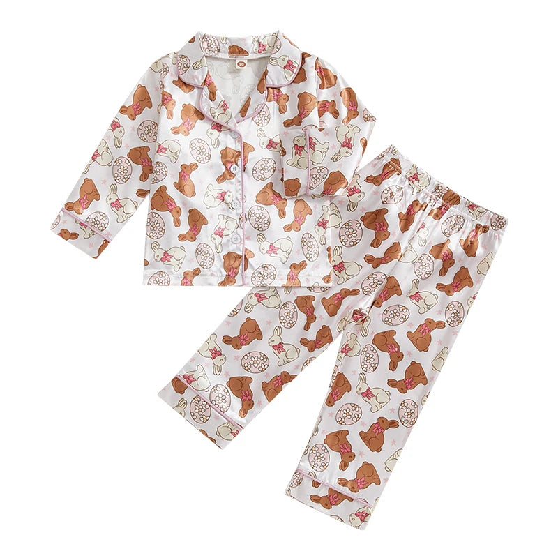 Toddler Girl Easter Satin Pajama Set with Bunny and Carrot Print Long Sleeve Button-up Tops and Pants Sleepwear Outfit 2 Piece