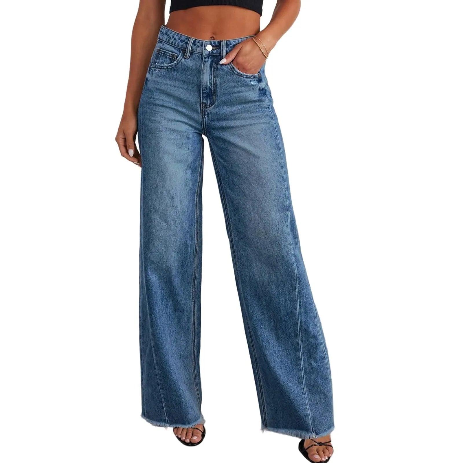 Retro High Waist Straight Leg Jeans Women's Fashion Cross-Border Frayed Hem New Style Side Seam Patchwork Distressed