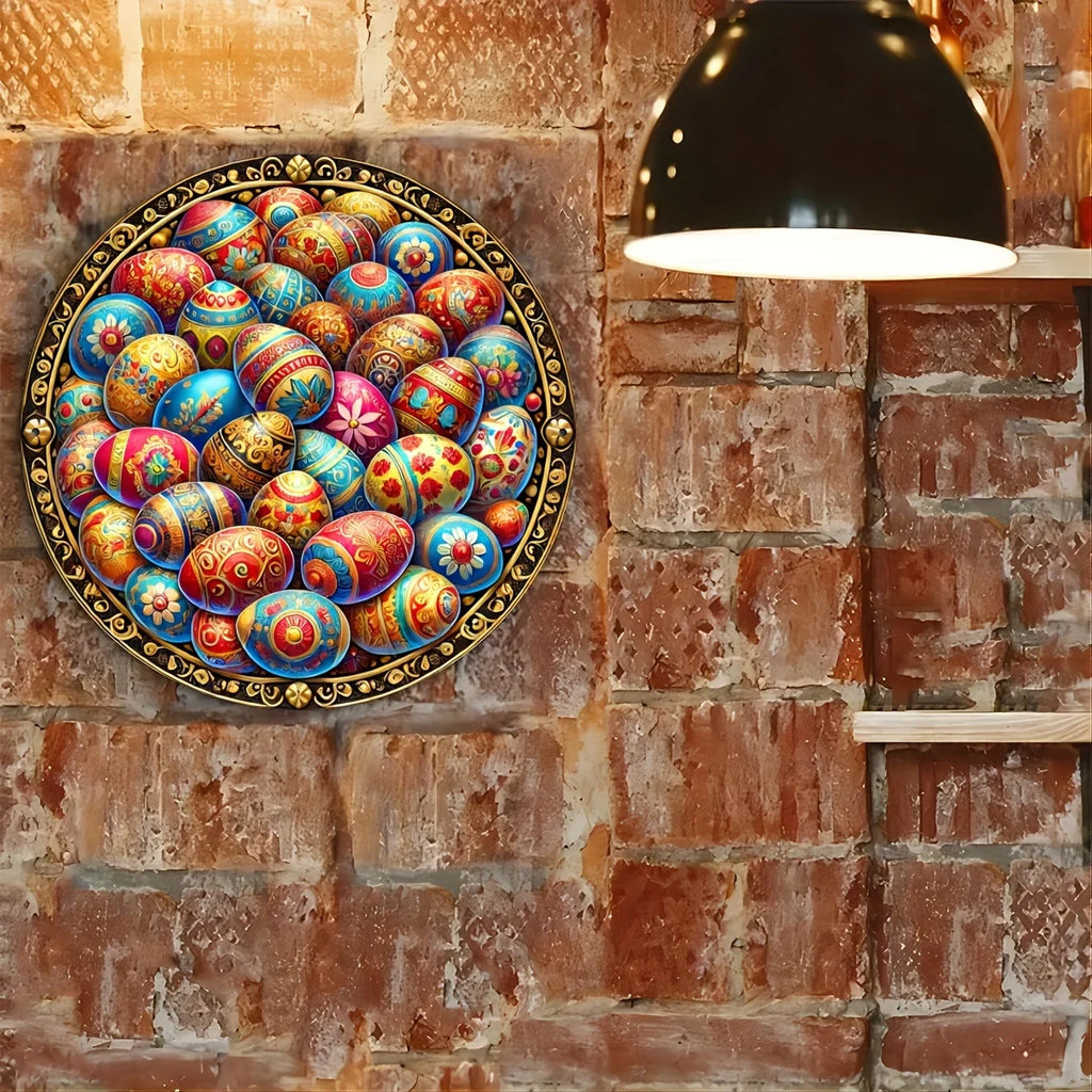 Easter Egg Aluminum Foil Engraved Art Plate, Round Resin Wreath Decor, Metal Embossed Ornament for Home & Dorm - Pack of 1