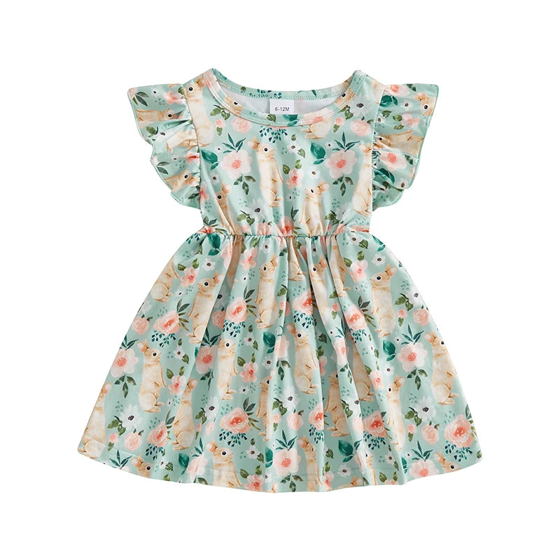 Baby Girl Easter Outfit Pink Floral Print Ruffle Sleeve Round Neck A-Line Dress for Spring and Summer Celebrations