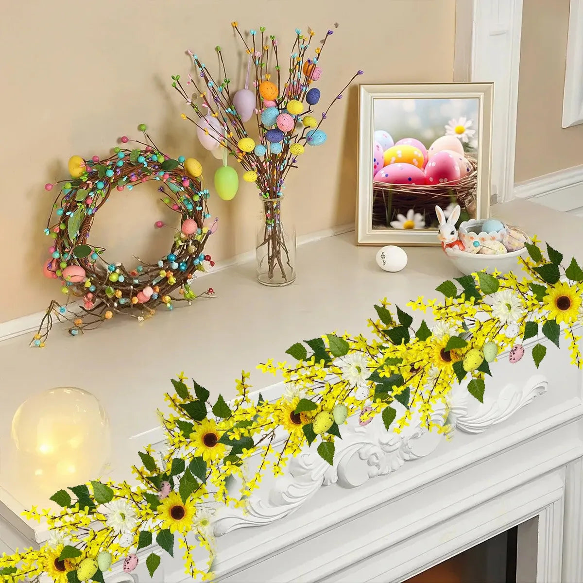 4.9ft Easter Egg Garland Easter Front Door Garland Spring Hanging Sunflower Flowers Vine Easter Hanging Tree Garland