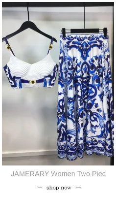 JAMERARY Summer Blue And White Porcelain Flower Printing Floral Long Dress Women Straps Zipper Elastic Backless Midi Vestidos