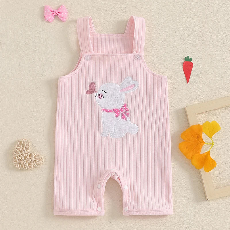 Easter Bunny Embroidered Sleeveless Romper Jumpsuit Square Neck Bodysuit for Infant Boys and Girls Cute Holiday Outfit