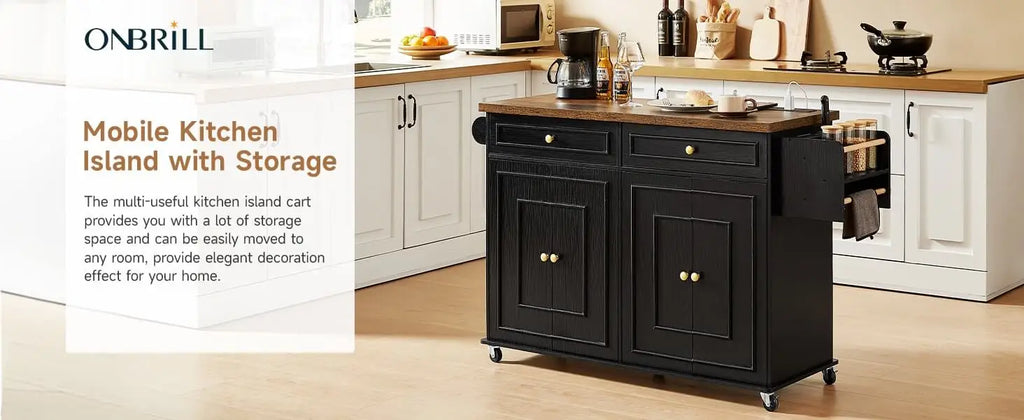 60" Mobile Kitchen Islands Rolling Trolleys Kitchen Island Table Drop Leaf Home Carts with Power Outlet Spice Towel Rack Trash