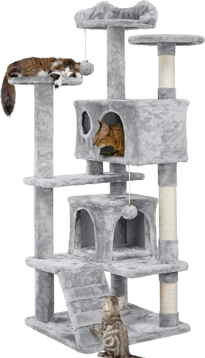 54in Cat Tree, Multi-Level Cat Tower With Spacious Kitten-ear Perch, 2 Cozy Caves, Scratching Posts, Climbing Ladder, 2 Plush Ba