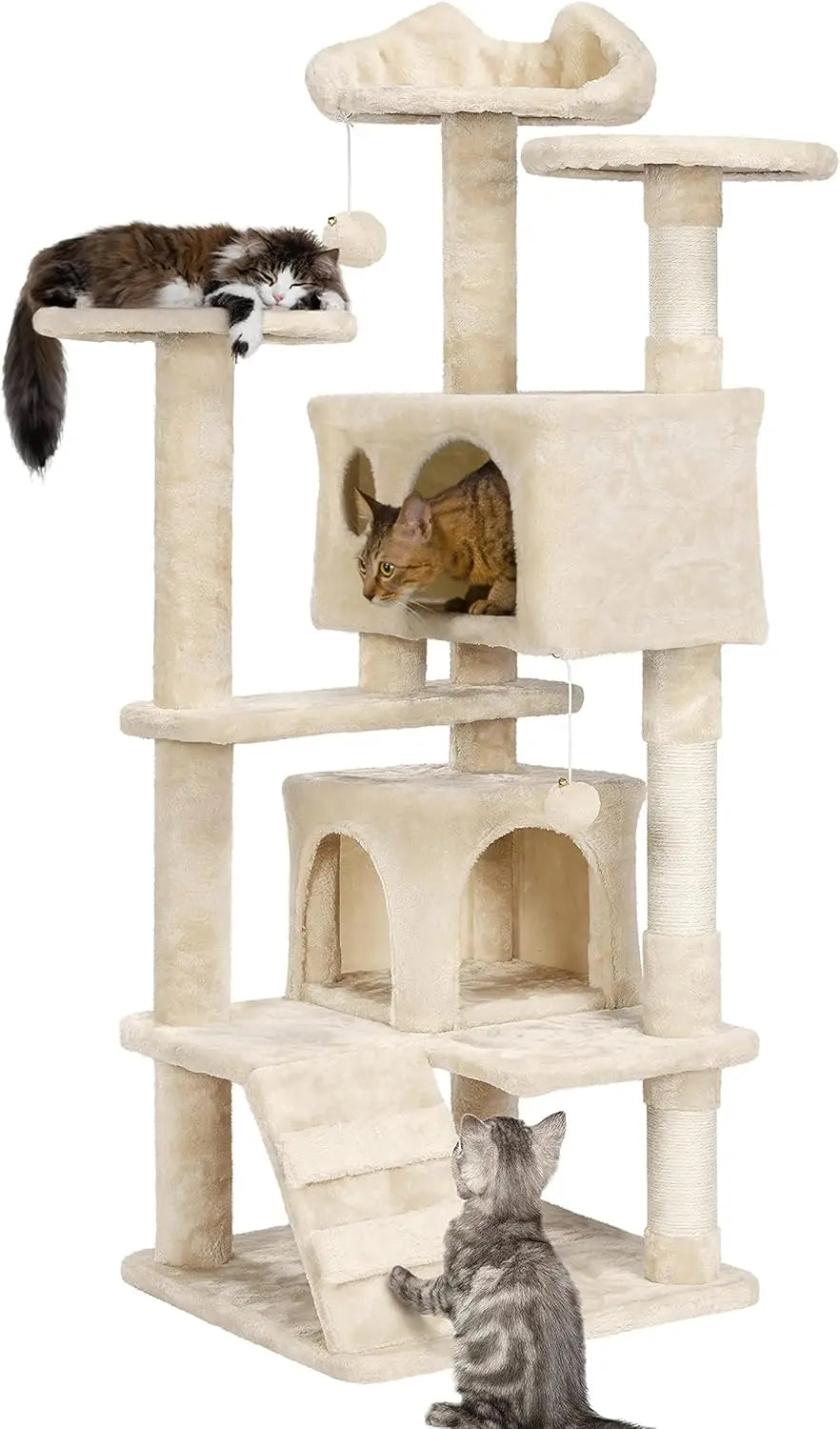 54in Cat Tree, Multi-Level Cat Tower With Spacious Kitten-ear Perch, 2 Cozy Caves, Scratching Posts, Climbing Ladder, 2 Plush Ba