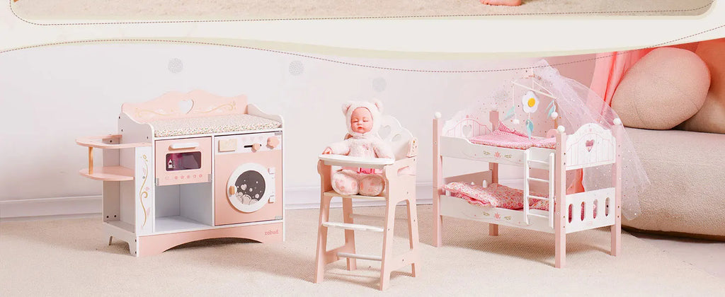 Robud Wooden 6-in-1 Baby Doll Changing Table with Baby Doll Crib Washing Machine Bottle Sterilizer Storage Area for Kids in Pink