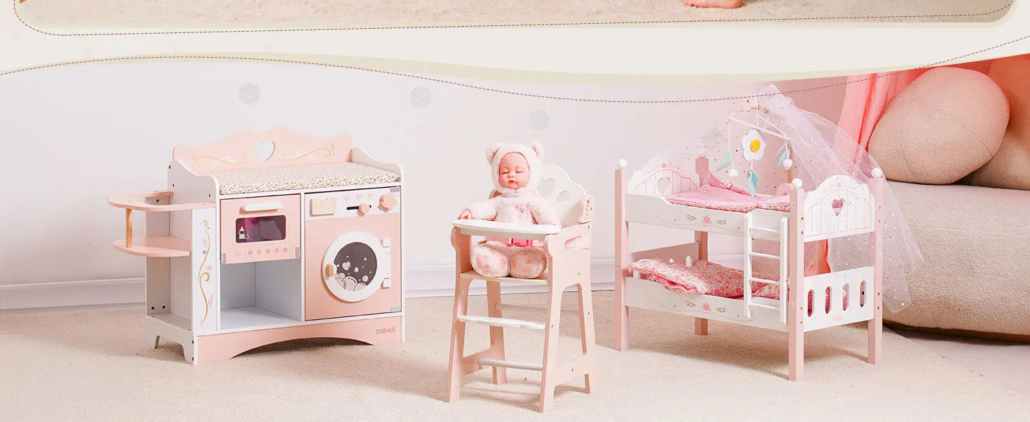 Robud Wooden 6-in-1 Baby Doll Changing Table with Baby Doll Crib Washing Machine Bottle Sterilizer Storage Area for Kids in Pink