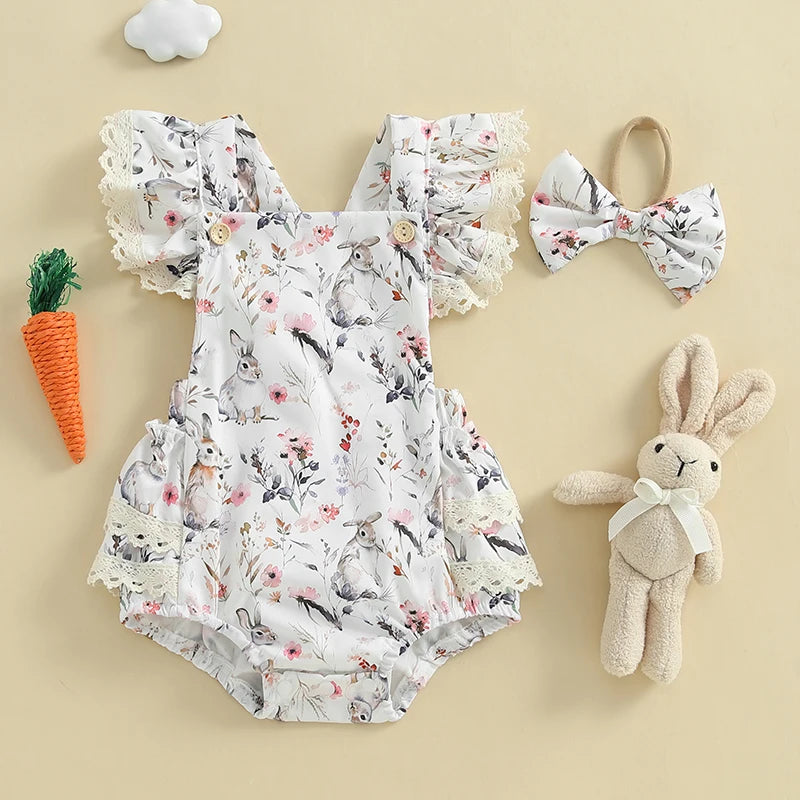 Toddler Girls Floral Bunny Print Lace Trim Flutter Sleeve Romper with Bow Headband Easter Outfit Set 2 Pieces