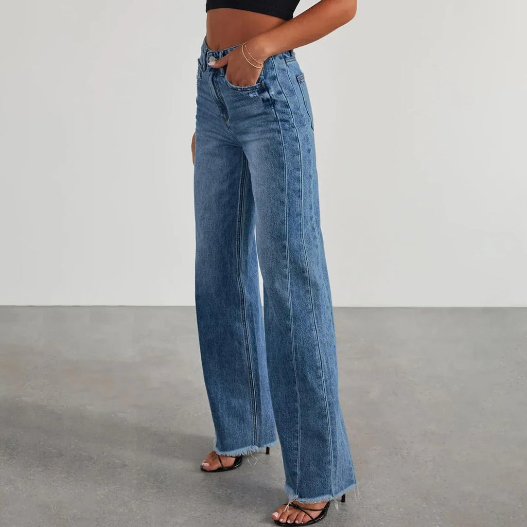 Retro High Waist Straight Leg Jeans Women's Fashion Cross-Border Frayed Hem New Style Side Seam Patchwork Distressed