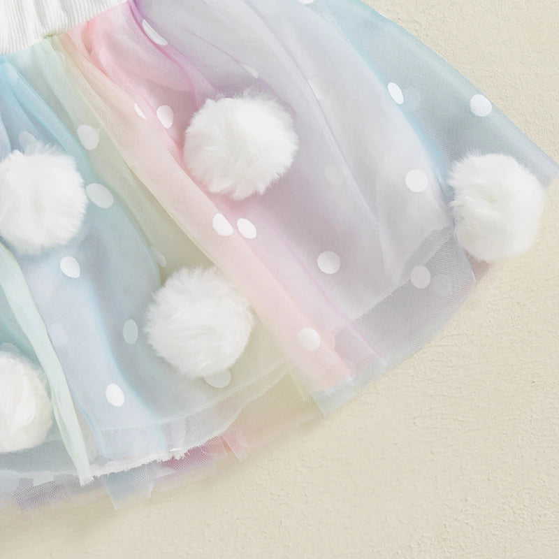 Adorable Baby Girl Easter Outfit with Bunny Embroidery and Polka Dot Tulle Skirt - 2 Piece Set for Spring Celebrations