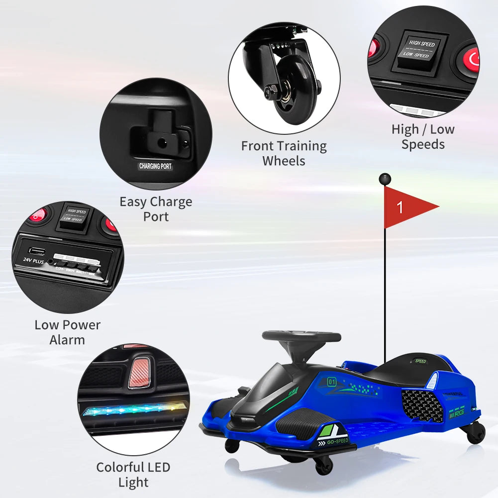 24V Kids Ride on Drift Car Electric Drifting Go-Kart Up to 7.5 mph Variable Speed with Music Colorful LED Light Low-Power Alarm