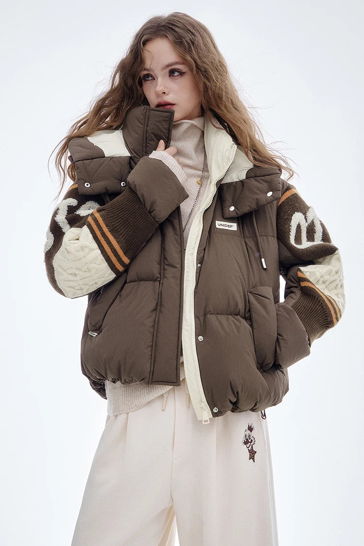 ELFSACK 2025 Winter New Arrivals Casual Preppy Layered Collar Knitted Patchwork Sleeves Mid Length Down Jacket For Woman