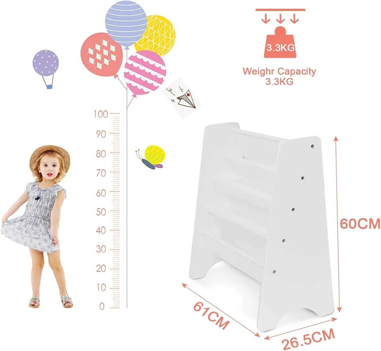 4 Tier Childrens Bookshelf Wooden White Kids Sling Storage Child Bookcase Shelf with Soft Canvas for Book Storage