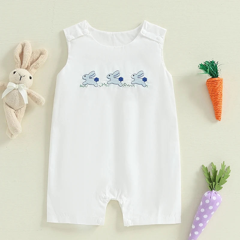 Infant Easter  Adorable Sleeveless Round Neck Rabbit Embroidered Loose Fit Romper Baby Jumpsuit Toddler Outfit for Spring