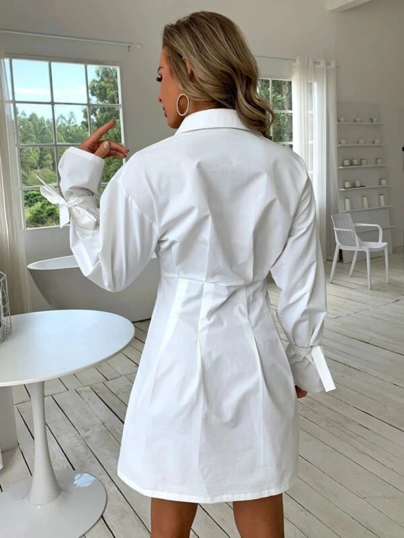 Women's White Button Front Dress Casual Long Sleeve Lapel Shirt Dress Fashion Female Loose Mini Dress