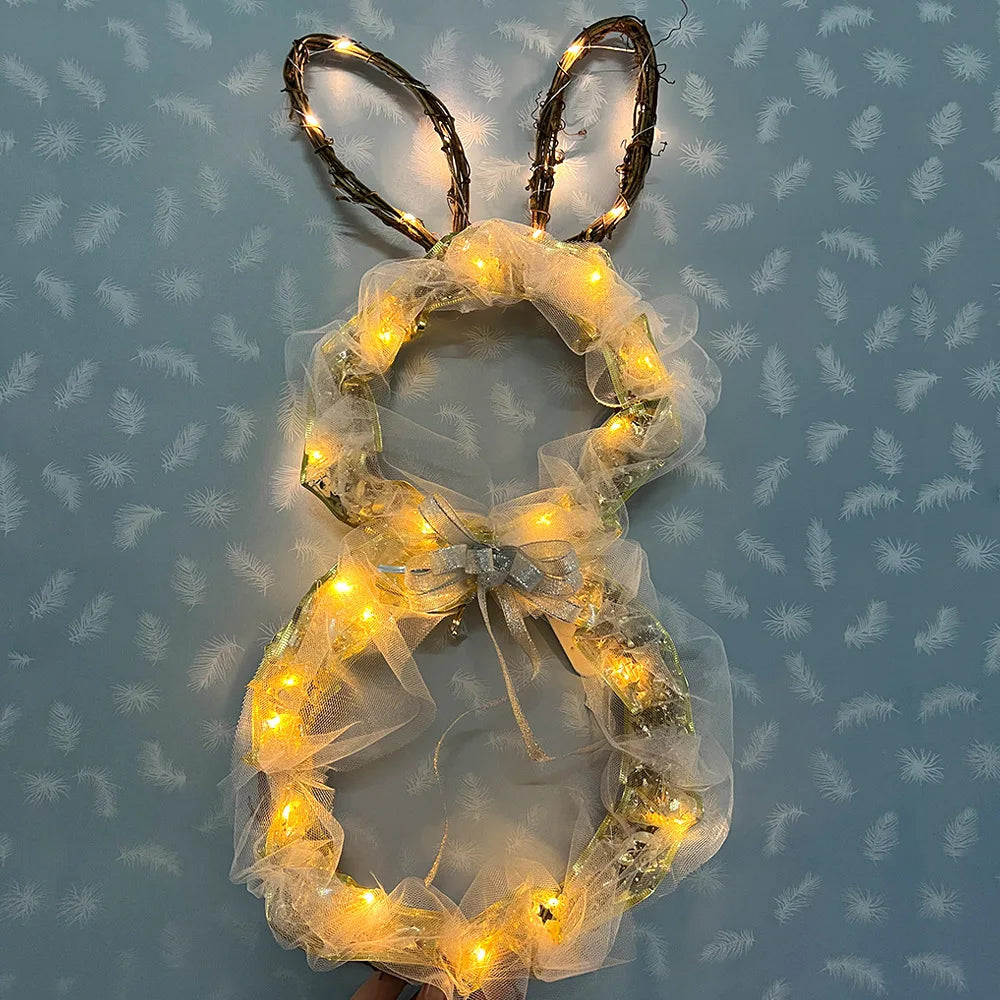 23.6in Large Easter Bunny Wreath with Led Lights, Battery-Powered, Foldable, Glowing Rabbit Wreath Pendant for Easter