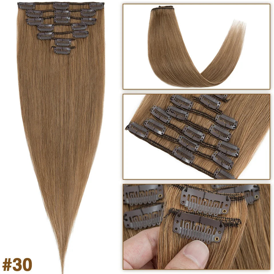 S-noilite 65g Clip In Hair Extensions Human Hair Natural Extension Hair Clips 7Pcs/Set 15"-22" Full Head Clip In Natural Hair