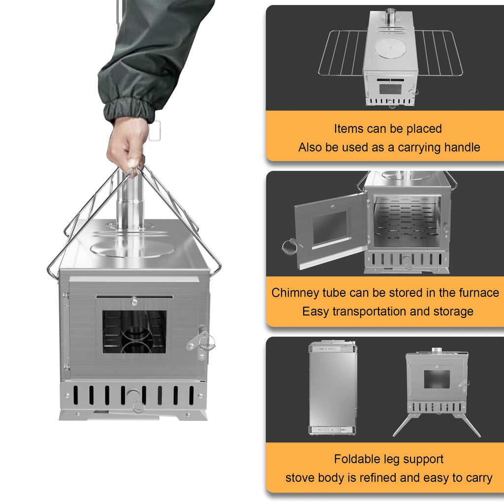 Wisfor Portable Hot Tent Stove,Wood Burning Stove for Camping, Tent Stove With View Glass, Large Stainless Steel Camping Stove