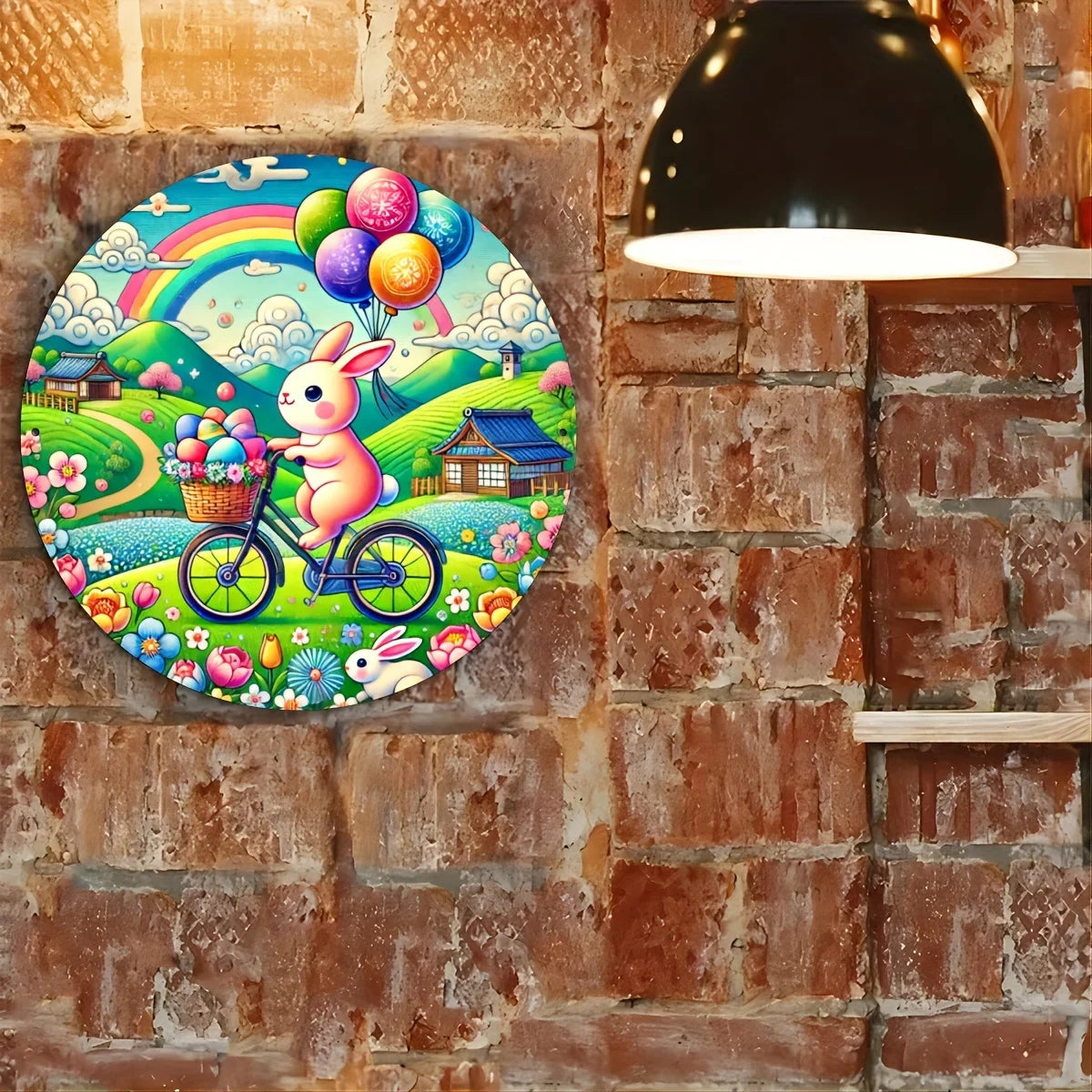 Vintage Bunny on Bicycle Aluminum Metal Sign - Round Easter Decor for Kitchen & Patio, Perfect for Home Decoration