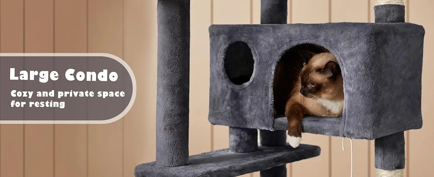 54in Cat Tree, Multi-Level Cat Tower With Spacious Kitten-ear Perch, 2 Cozy Caves, Scratching Posts, Climbing Ladder, 2 Plush Ba