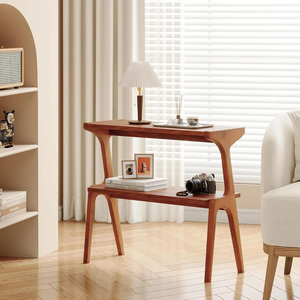Solid Wood End Table,2-Tier Side Table with Storage Shelf, Wooden Modern Accent Slim Bedside Table for Sofa,Living Room, Bedroom