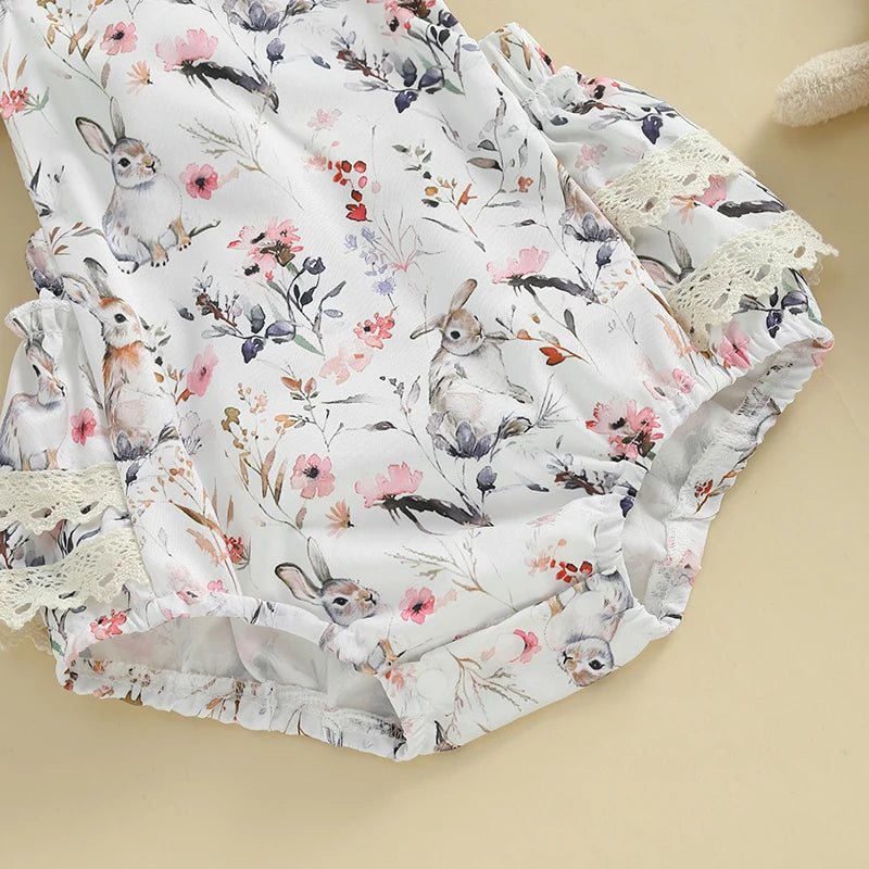 Toddler Girls Floral Bunny Print Lace Trim Flutter Sleeve Romper with Bow Headband Easter Outfit Set 2 Pieces