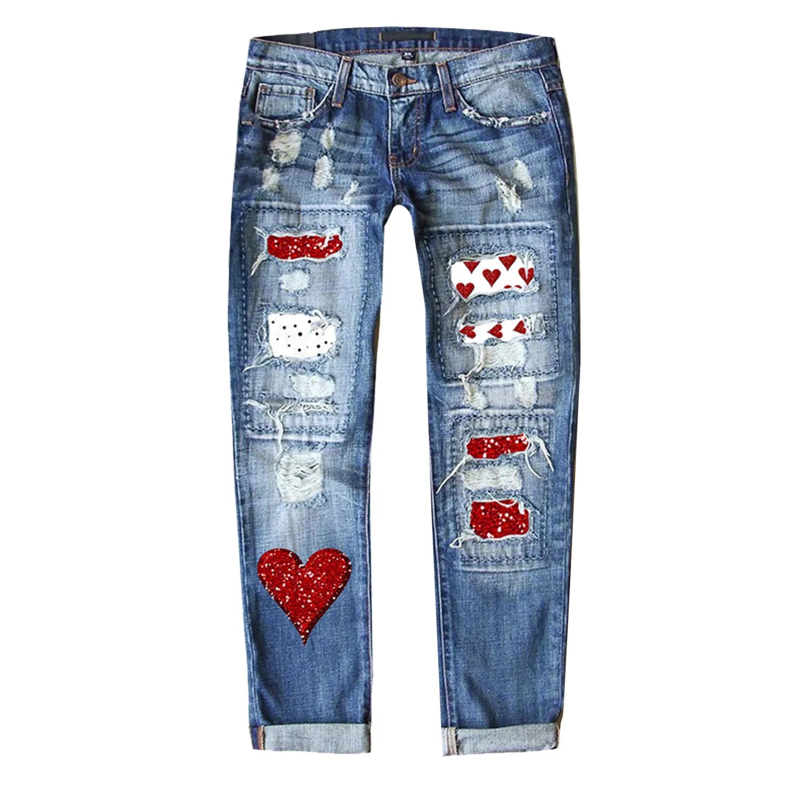 New In Plus Size Jeans For Women Denim Valentine's Day Jeans Printed Hole Thickened Trousers Vintage Jeans For Women Teen Girl