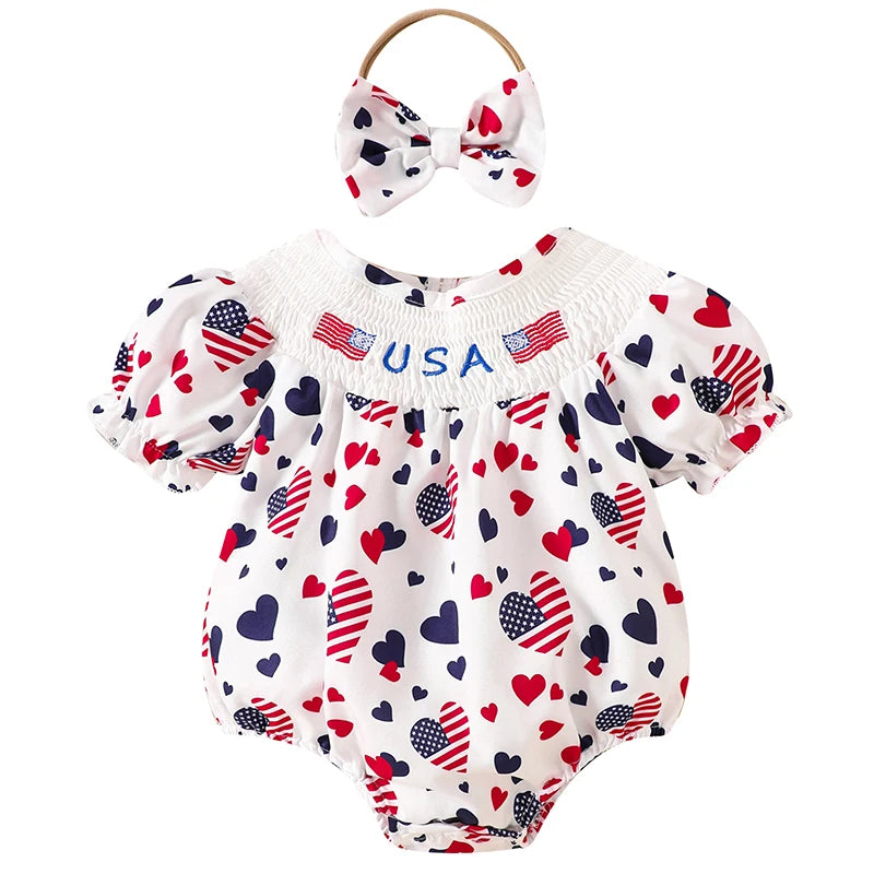 Adorable Infant Easter Jumpsuit with Cute Bunny Embroidery Short Sleeves Round Neck and Matching Bow Headband