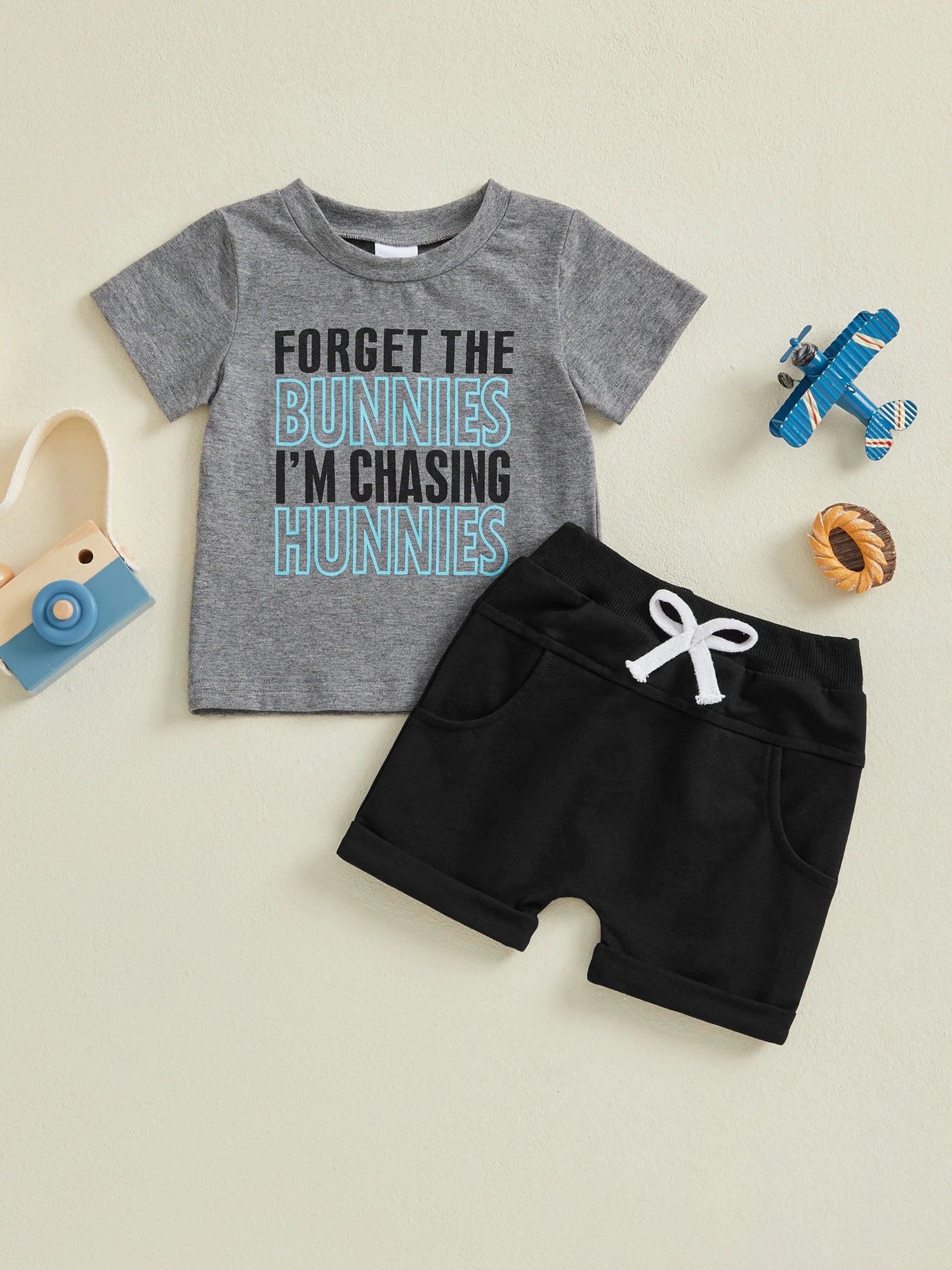 Cute Boys Easter Outfits with Letter Print Round Neck Short Sleeve T-Shirts and Elastic Waist Shorts - 2 Piece Clothing Set for