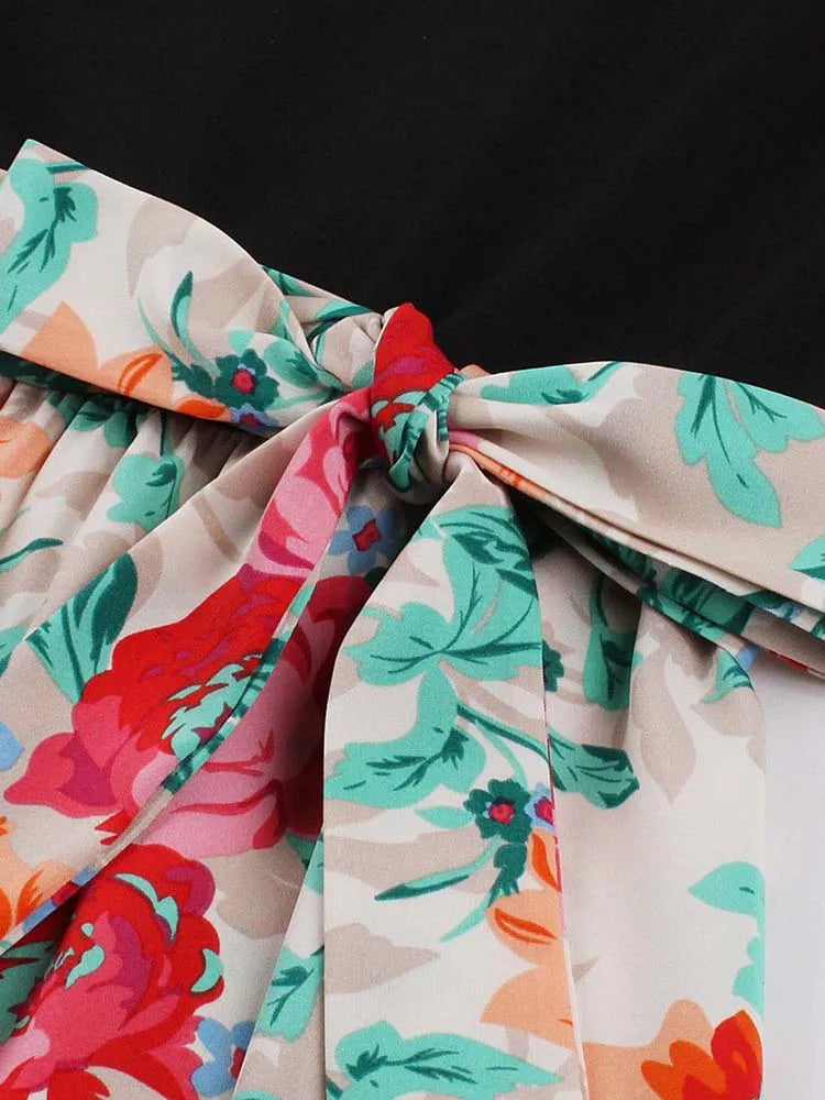 Retro Vintage Women's Summer Dress V-Neck Sleeveless High Waist Chic Floral Print with Belt 50s Style