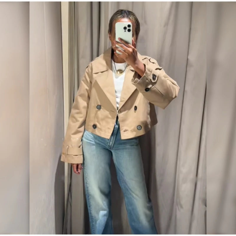 Solid Double-breasted Short Windbreaker Women Fashion Lapel Long Sleeve Slim Thin Jackets 2025 Autumn Female High Street Outwear