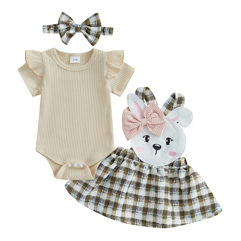 Toddler Girls 3-Piece Spring Outfits Short Sleeve Bodysuit Floral Skirt Headband Set Infant Clothes for Easter Party