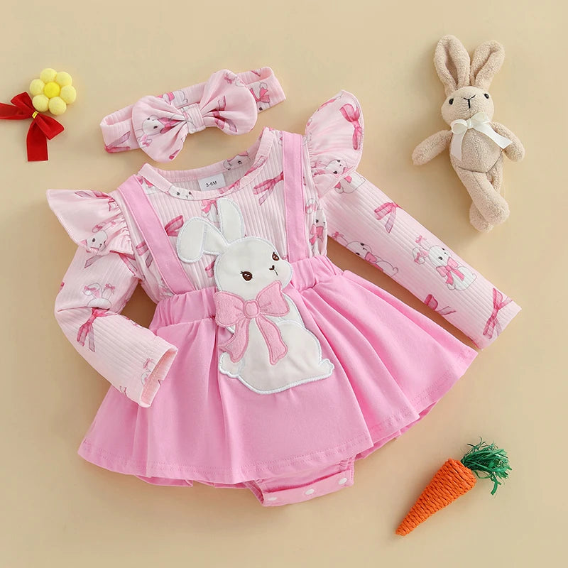 Adorable Baby Girls Easter Outfit Set with Bunny Embroidery Romper Dress Skirt Bodysuit Jumpsuit and Headband