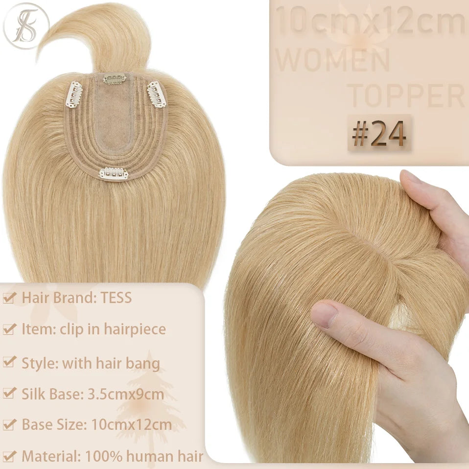 TESS Women Topper 10x12cm Hair Clips Hair Topper Natural Hair Wigs 100% Human Hair Silk Base Clip In Hair Extension Blonde Women