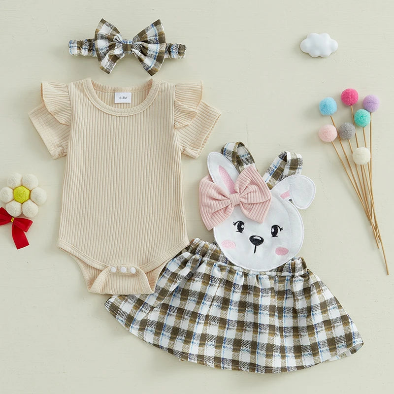 Toddler Girls 3-Piece Spring Outfits Short Sleeve Bodysuit Floral Skirt Headband Set Infant Clothes for Easter Party