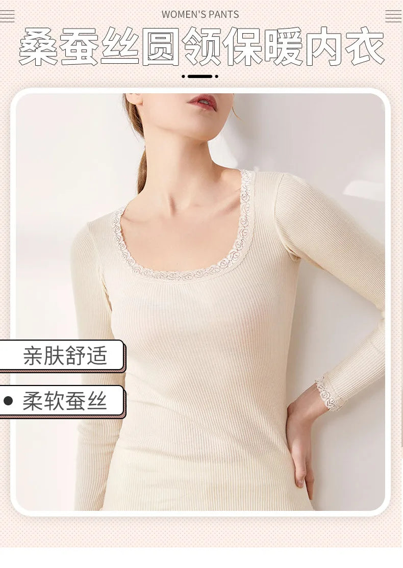 Autumn and Winter Mulberry Silk Women's Warm Underwear Round Neck Silk Lace Edge Long Sleeve Bottom Shirt Slim Fit
