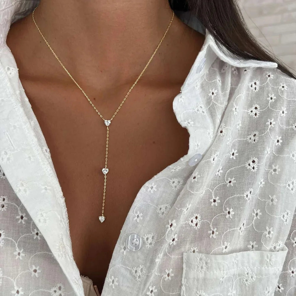 Stonefans Simple Metal Chain Heart Necklace Crystal Jewelry for Women Fashion Y Shape Neckalce Thin Chain Choker Accessories