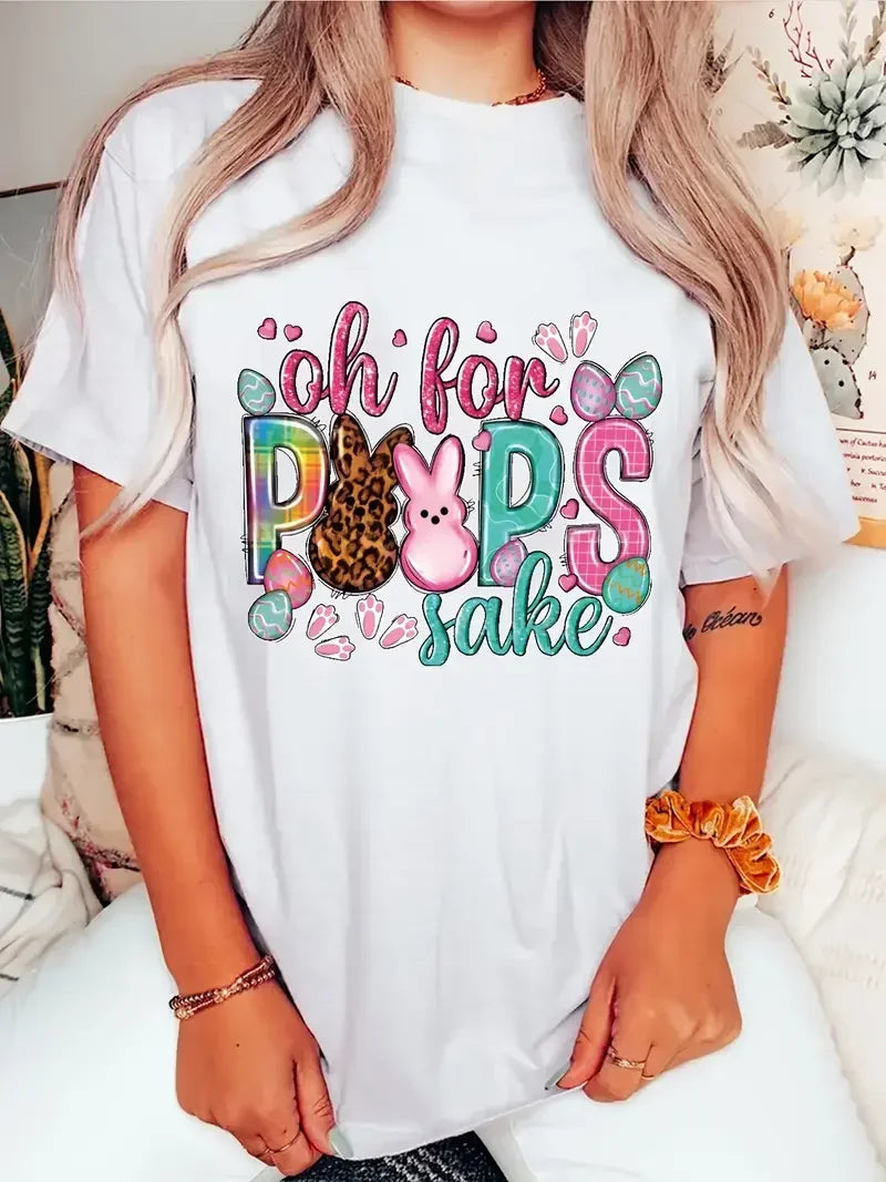 Plus Size Women's Easter Casual T-Shirt, Cartoon \u0026 Letter Print Short Sleeve Tee with Slight Stretch