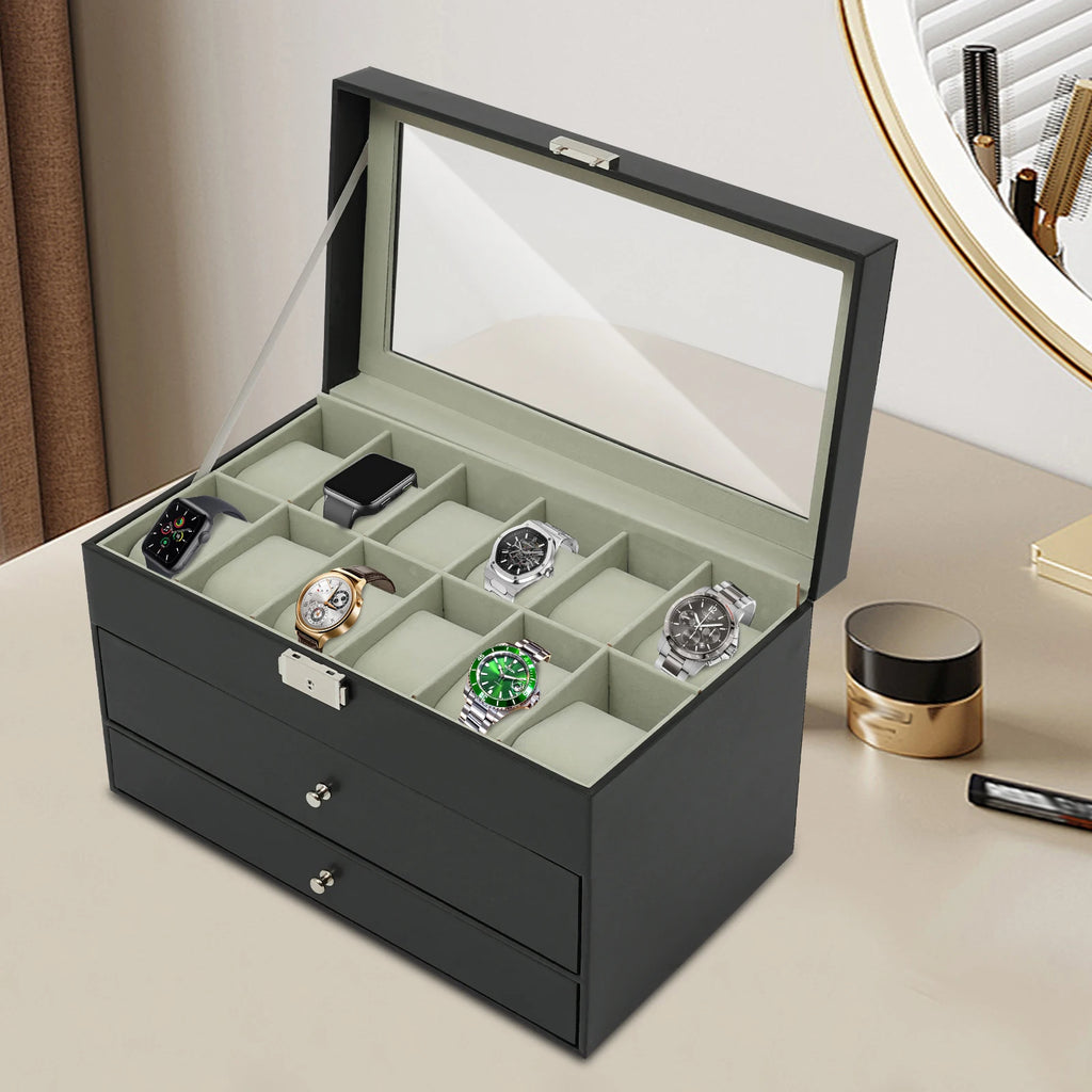 3 Tiers Jewelry Box Watch Display Case Display Desktop With Glass Top Jewelry Cabinet Storage Collection Organizer Black