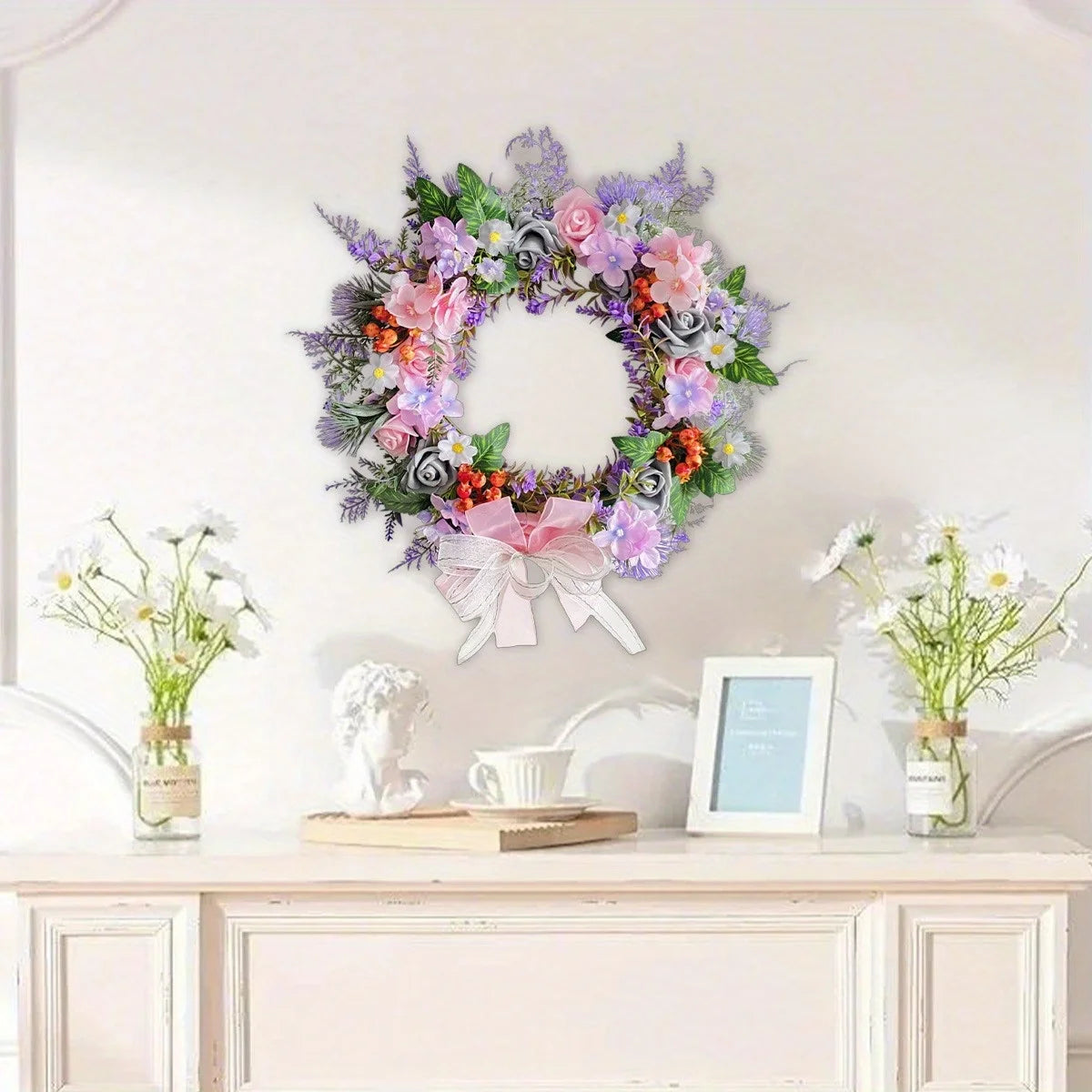 Spring Rose Daisy Wreath, 15.7in Spring Summer Bow Artificial Wreath for Front Door Easter Spring Wreath Home Wall