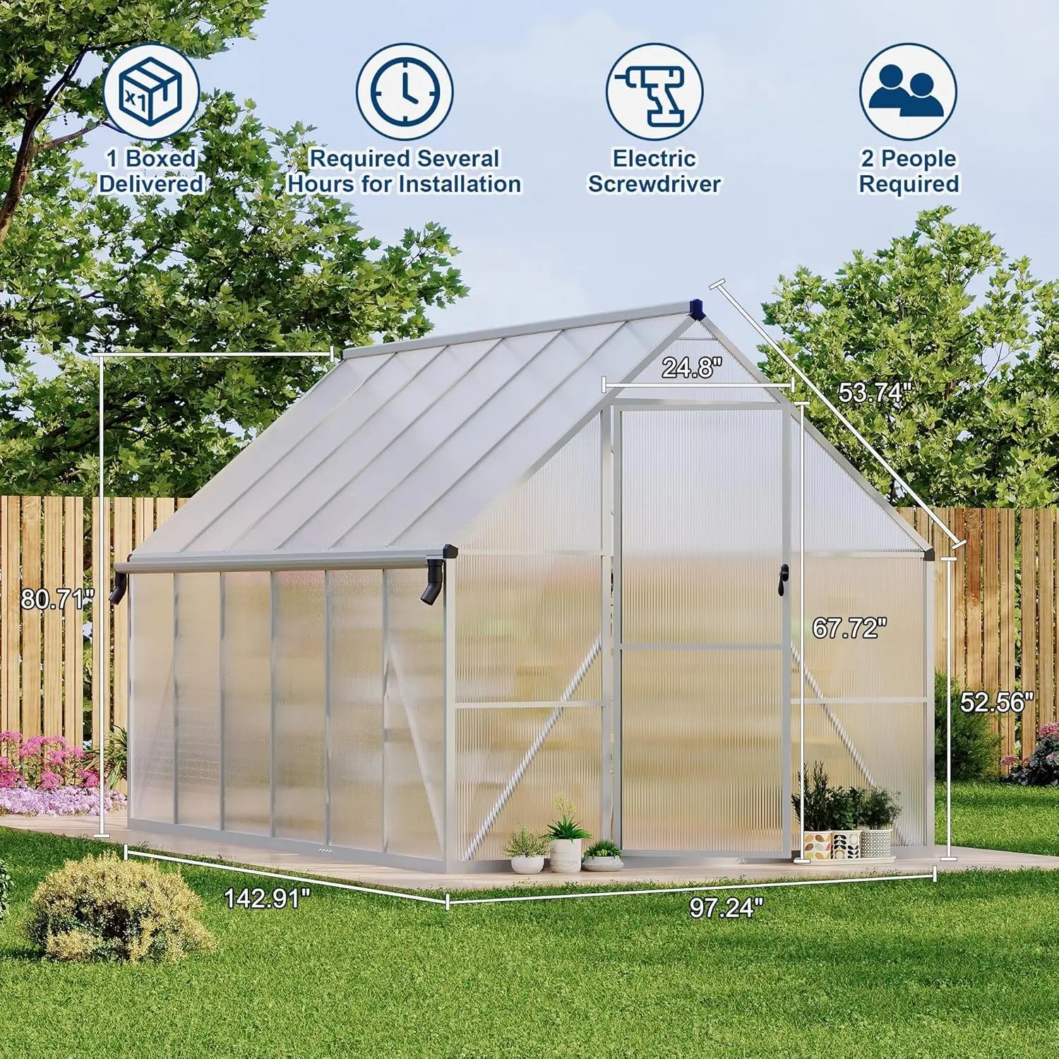 8ft X 12ft Aluminum Frame Polycarbonate Greenhouse with Roof Vents, Large Reinforced Aluminum Greenhouse Kit