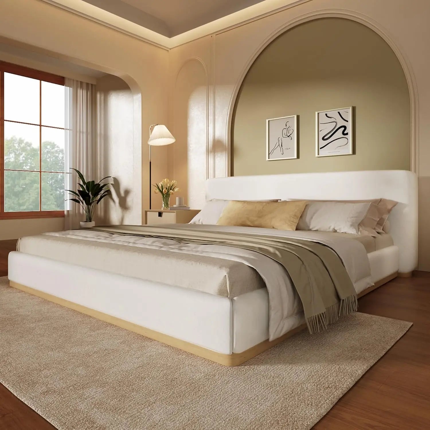 Modern King Size Platform Bed Frame with Cloud Headboard, King Size Boucle Cloud Platform Bed for Adult, Mattress Foundation, No