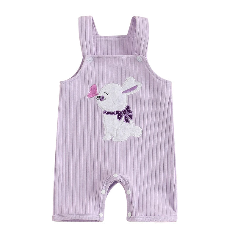 Easter Bunny Embroidered Sleeveless Romper Jumpsuit Square Neck Bodysuit for Infant Boys and Girls Cute Holiday Outfit