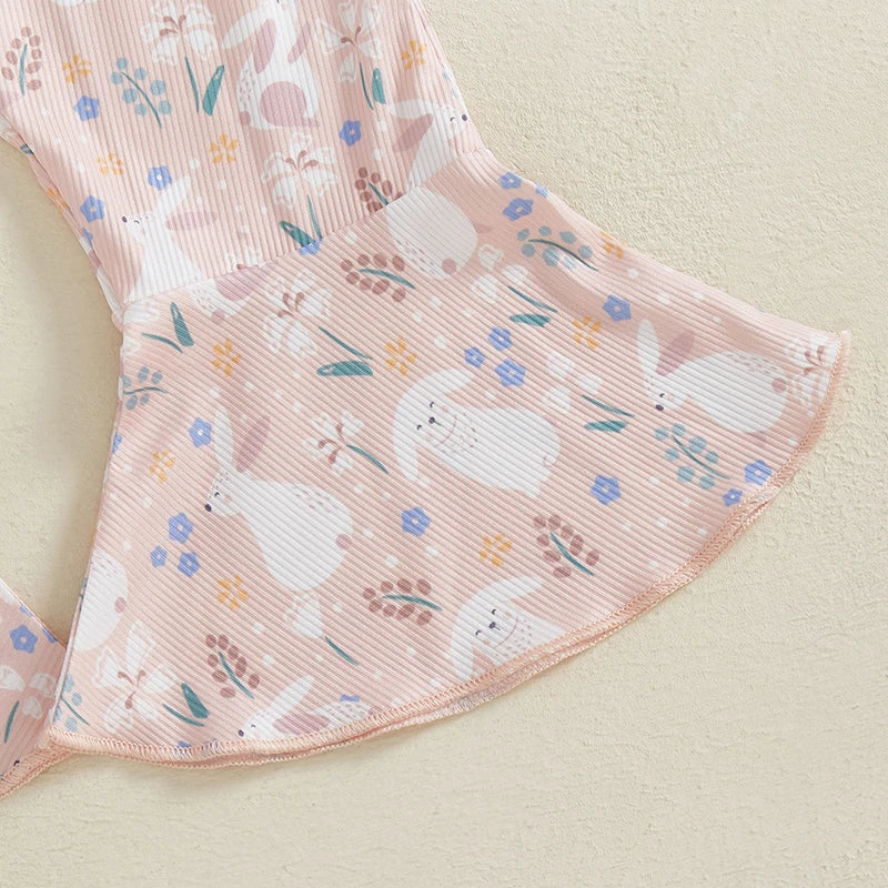 Toddler Easter Bunny Romper Sleeveless Jumpsuit with Egg Print Suspender Pants for Girls Spring Outfit Casual Wear