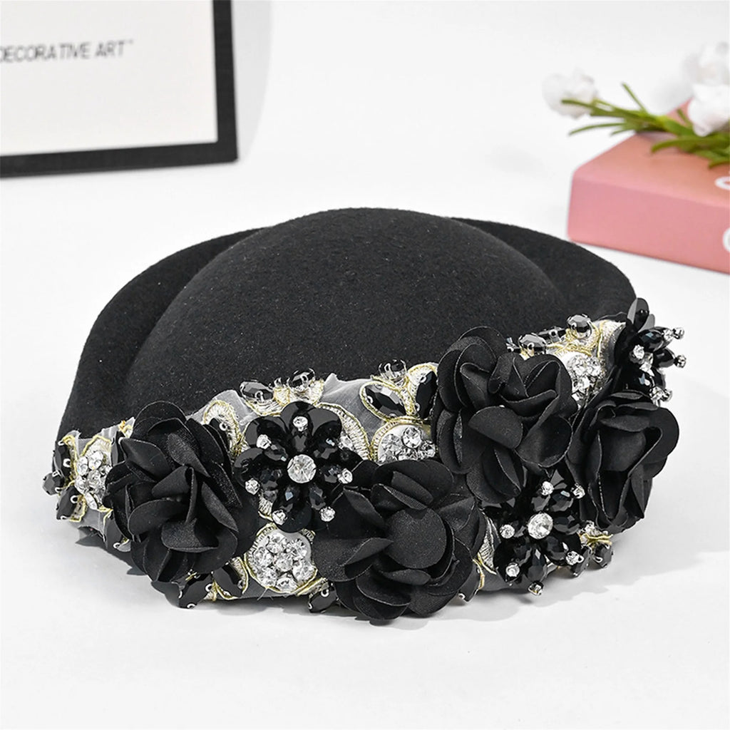 Vintage Style Wool Beret Hat with Pearl Embellishments Classic French Artist Hat for Women Elegant Tea Party Accessory